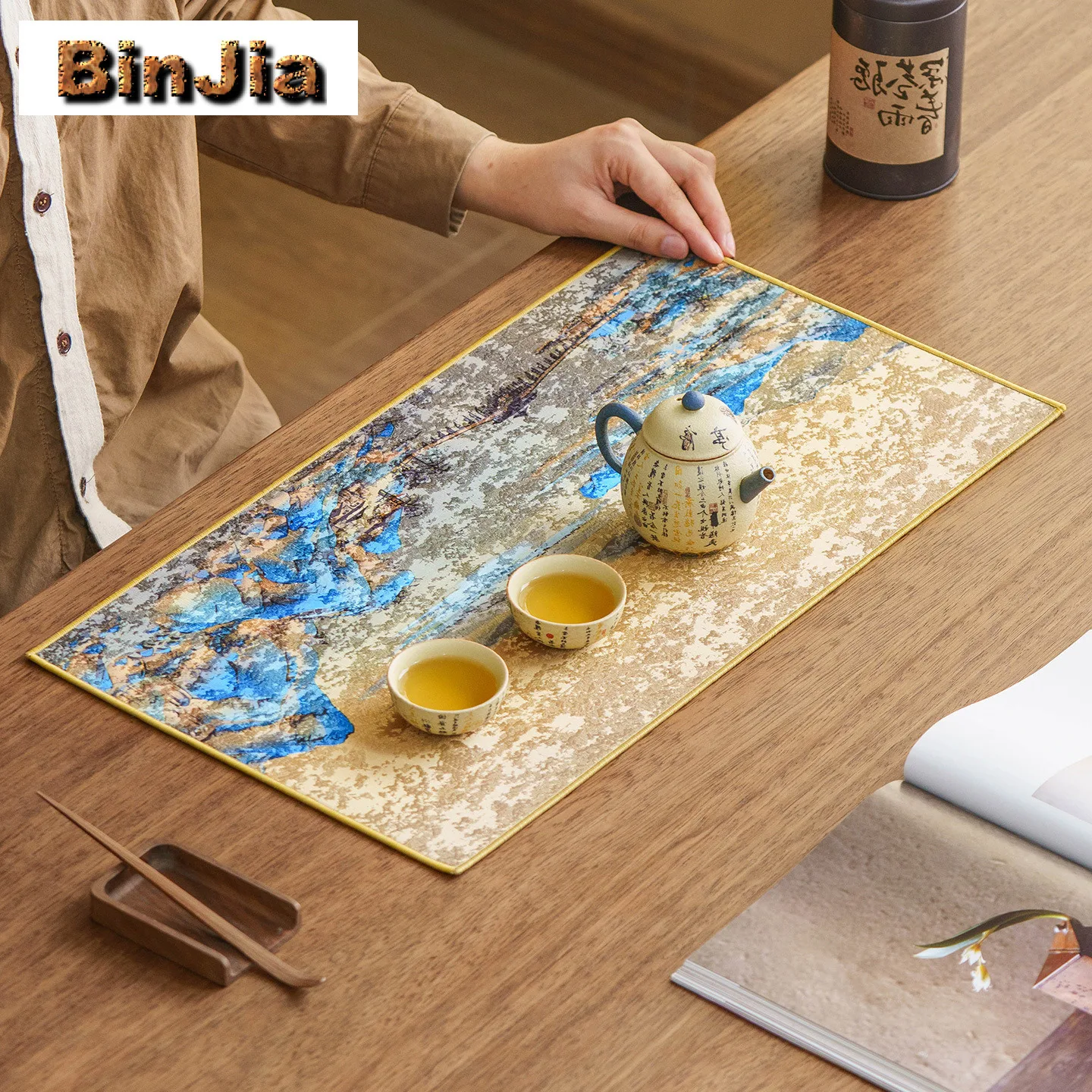Rivers And Mountains Double-sided Jacquard Fabric Tea Table Mats Retro Drink Coaster Dinner Table Cloth Mat Teaset Decoration