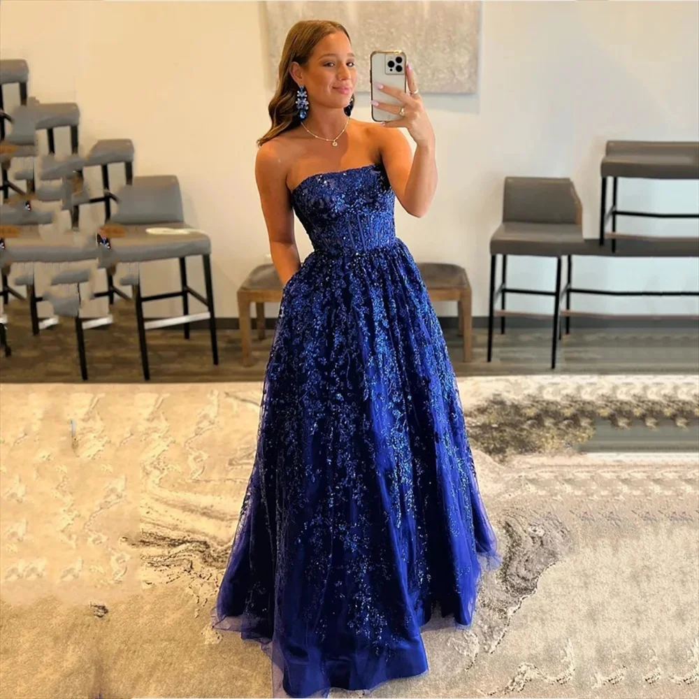 Elegant And Shiny Strapless Blue Ball Dress With Lace Embroidery A-line Evening Dress Formal Occasion Party Dress Customization