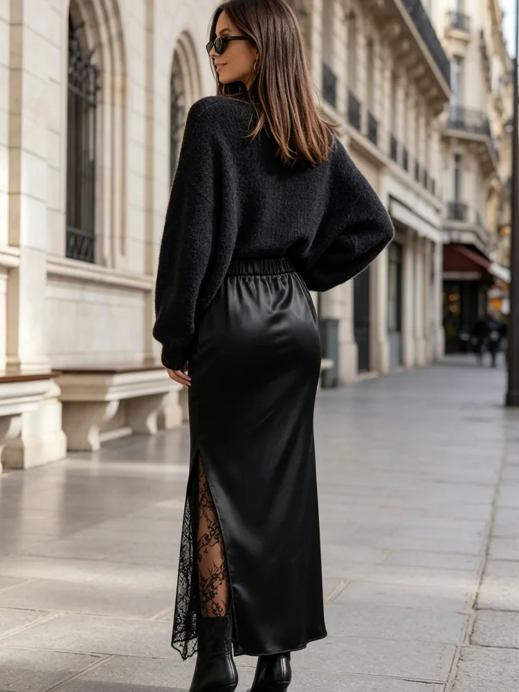 Midi-Rock für Damen, Schwarz, Spitze, Seitenschlitz, Langer Rock, Elastische Taille, Elegante Streetwear für Büro, Party und Alltag – Detail 1