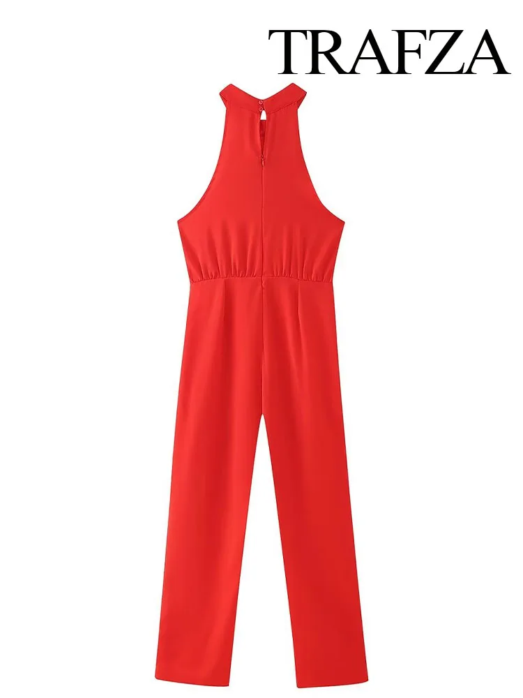 Trafza Vrouwen Mode Effen Kleur Hoge Taille Wijde Pijpen Jumpsuit Dames Chique Halter Hals Mouwloze Slanke Casual Vakantie Jumpsuit