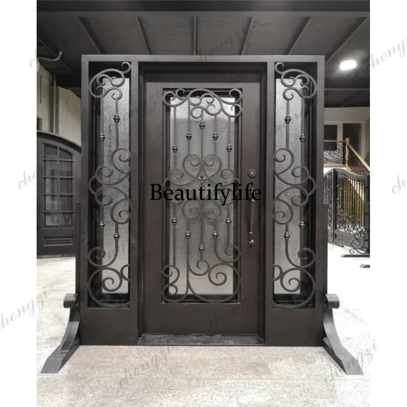 Y136  Customization French Wrought Iron Entry Door Outdoor Waterproof Automatic Open Style Finished Surface