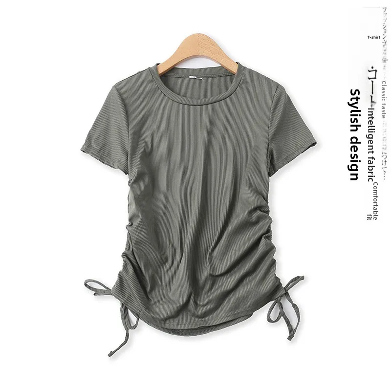Summer New Style Women's T-shirt Elastic Hem Pleated Short Sleeve round Neck Versatile Ageless plus Size Loose Fit Top