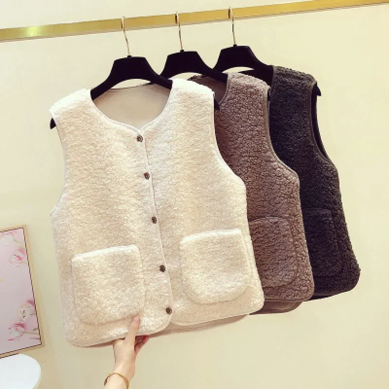 2024 Women's Faux Sheepskin Vest New Autumn Winter Korean Style Versatile Ladies' Open Cardigan Outerwear Tank Top Jacket