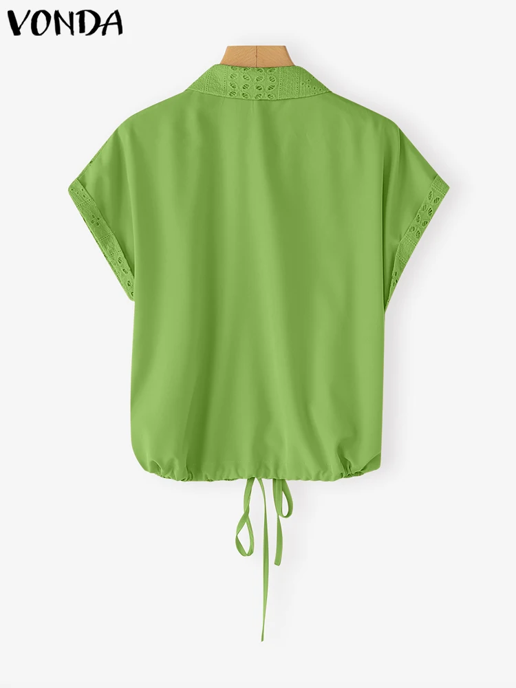 VONDA Fashion Blouse Summer White Shirts 2025 Women Lapel Short Sleeve Lace Elegant Office Lady Tops Casual Loose Blusas Femme