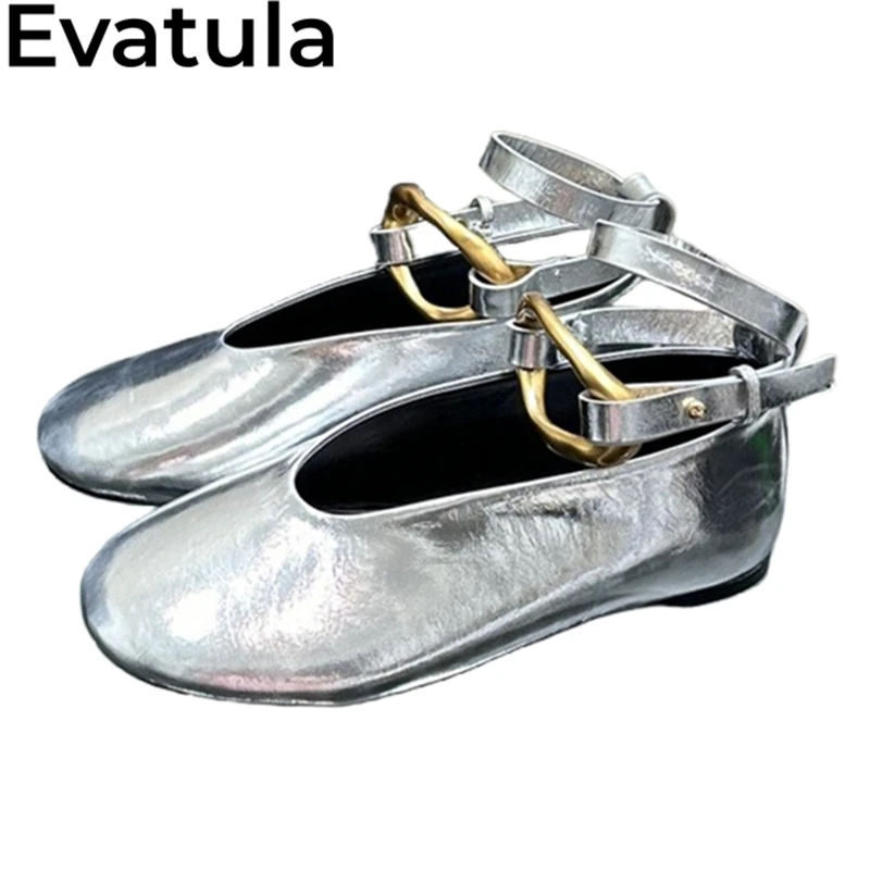 

2024 Summer Fashion Silver Leather Ballet Flat Shoes Women Metal Ring Buckle Mary Janes Single Shoes Casual Loafers Shoes Mujer