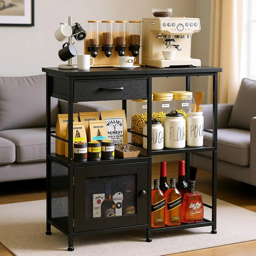

Multi-Functional Coffee Stand Cabinet with Adjustable Shelves - Ideal for Kitchen, Bar, or Living Room, Space-Saving, Black