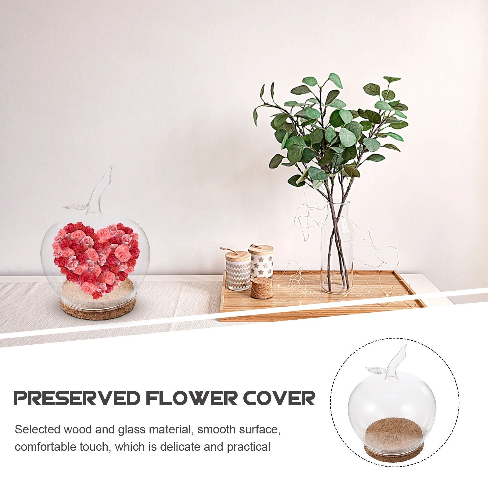 

Apple Cover Preserved Flower Display Wood Base Desktop Decor Immortal Flower Dome Glass Cover for