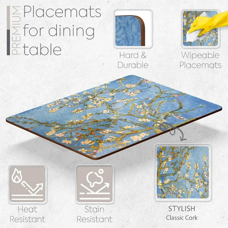 Set of 4 Heat Resistant   Van Gough Blue Botanical Design 16 x 12 Inches Cork Backed Hard Placemats (Almond Blossoms)