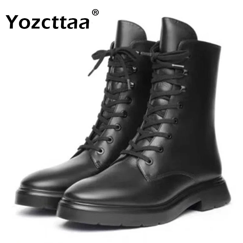 Yozcttaa Size 34-42 Women Strappys Ankle Boots Real Leather Thick Low Heels Shoes Fall Winter 2025 Ins Platform Short Booties