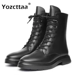 Yozcttaa taglia 34-42 stivaletti da donna con cinturino in vera pelle scarpe con tacco basso spesso autunno inverno 2025 Ins stivaletti corti con plateau