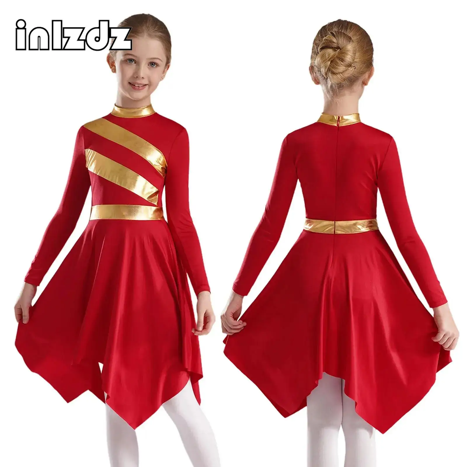 

Kids Girls Etiquette Praise Dance Dress Metallic Long Sleeve Church Christian Worship Costume Modern Ballet Lyrical Dancewear