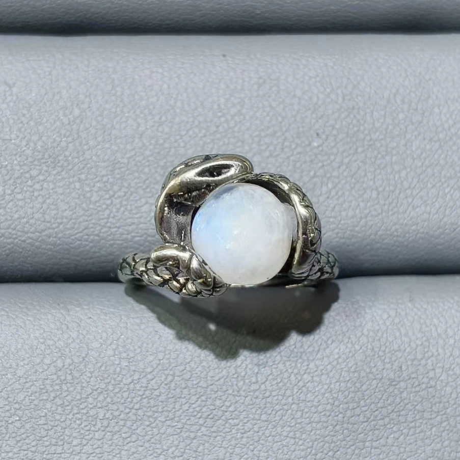 100% natural moonstone Gemstone labradoritec Retro style Ring Women\'s men adjustable copper silver plated ring Party Jewelry