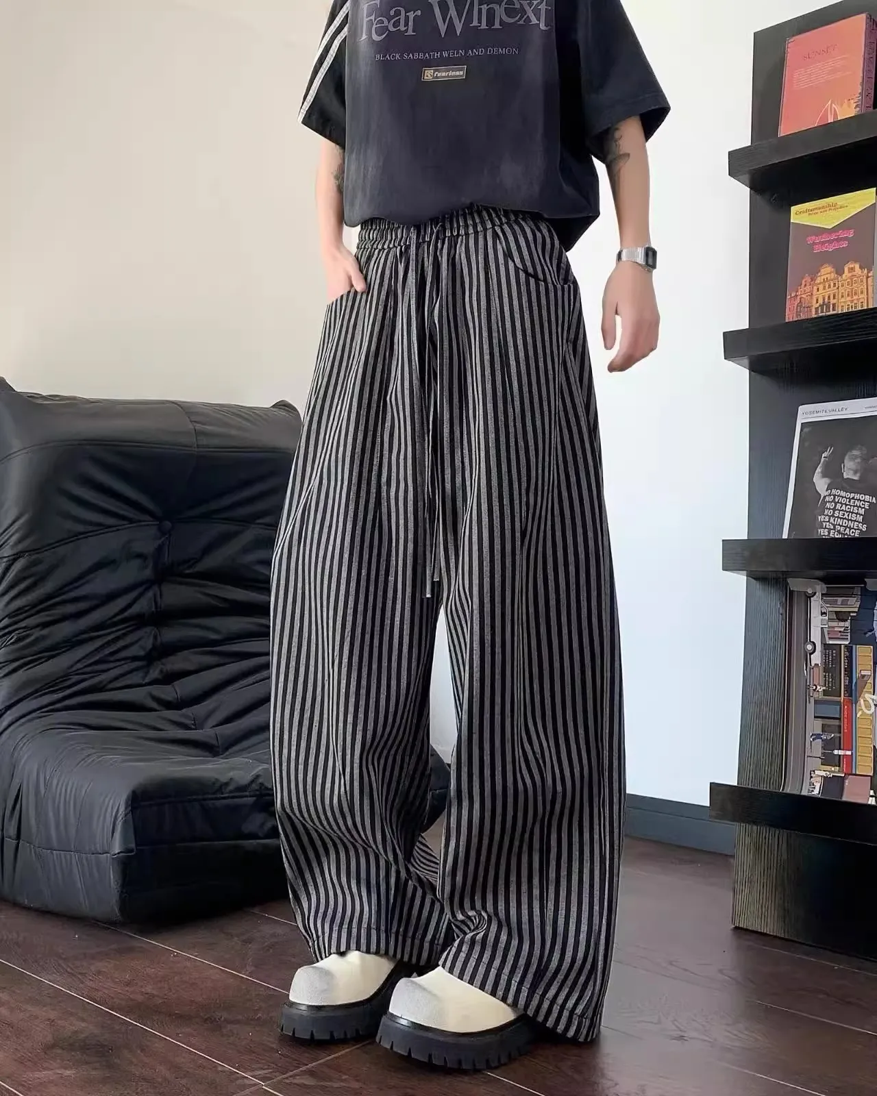 American style relaxed vertical striped casual pants men's new lazy style hanging straight leg wide leg floor pants