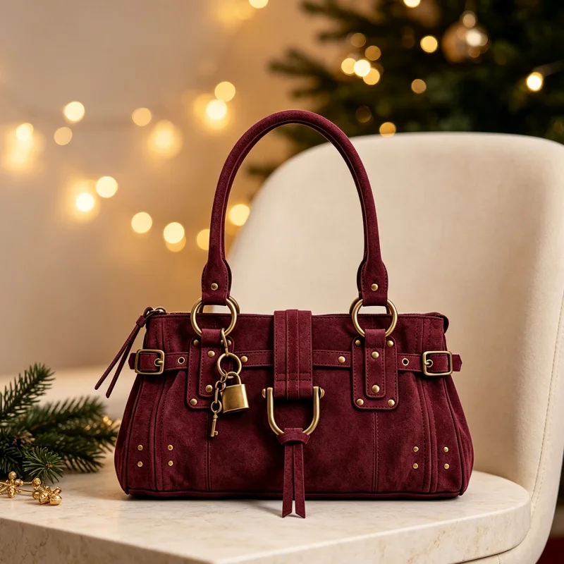 Rechteckige Handtasche, Damen-Tragetasche mit Goldschnalle, Nietenverzierung und Schlüsselanhänger, Winterliche Vintage-Umhängetasche in Unifarbe – Detail 13