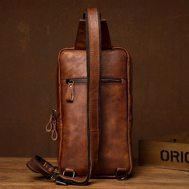 Handmade leather chest bag men\'s bag sports crossbody bag large-capacity shoulder bag leisure leather mobile phone bag