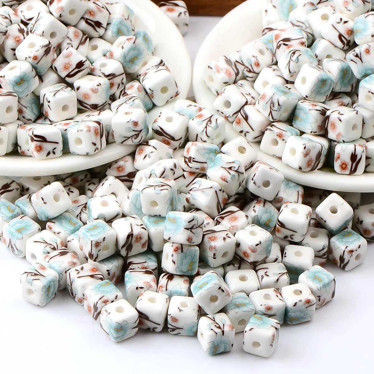 35pcs 8MM Hand-paint Sky blue lotus pattern ceramic square bead for Making DIY Necklace Bracelet Anklet Accessories Materials