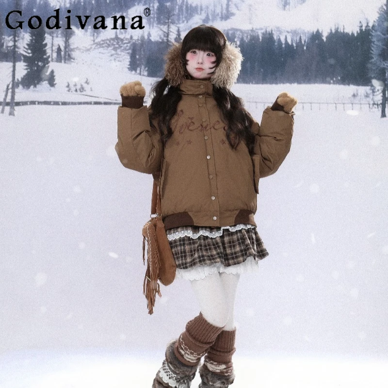 سترات سميكة مطرزة بياقة من الفرو للسيدات بأكمام طويلة وسترة قطنية فضفاضة للنساء سترات شتوية دافئة من القطن #5