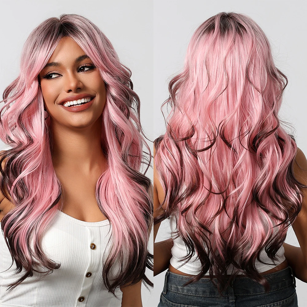 Wig sintetis Ombre hitam merah muda Wig berwarna ombak panjang tubuh dengan Wig gelombang longgar poni untuk Cosplay Halloween Brasil wanita Afro