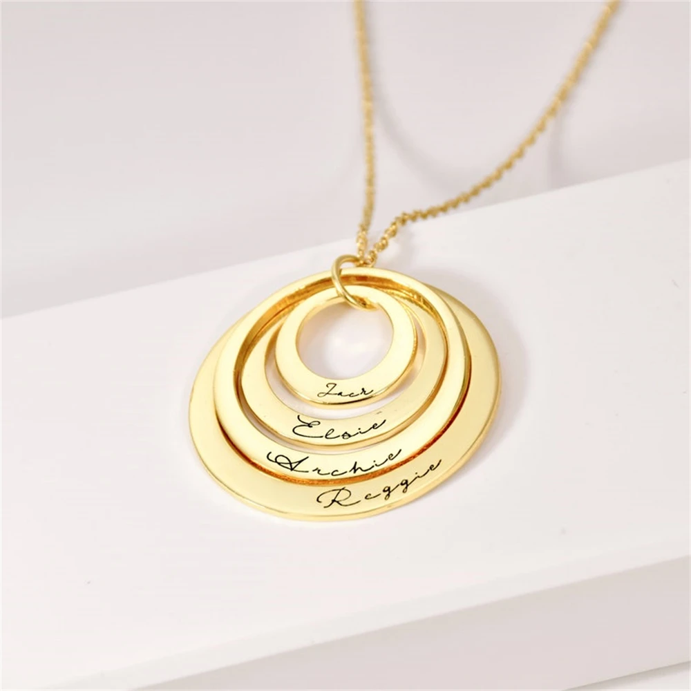 

Family Jewelry Engraved Name Circles Necklace Personalized Nameplate Custom Stainless Steel Pendant Necklaces For Women