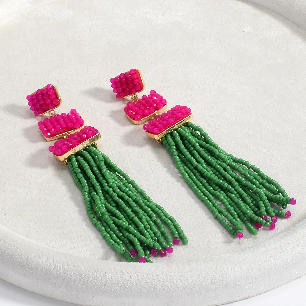 Bohemian Seed Bead Long Tassel Earrings Layered Handmade Vintage Statement Drop Earrings Jewelry Party Accessories