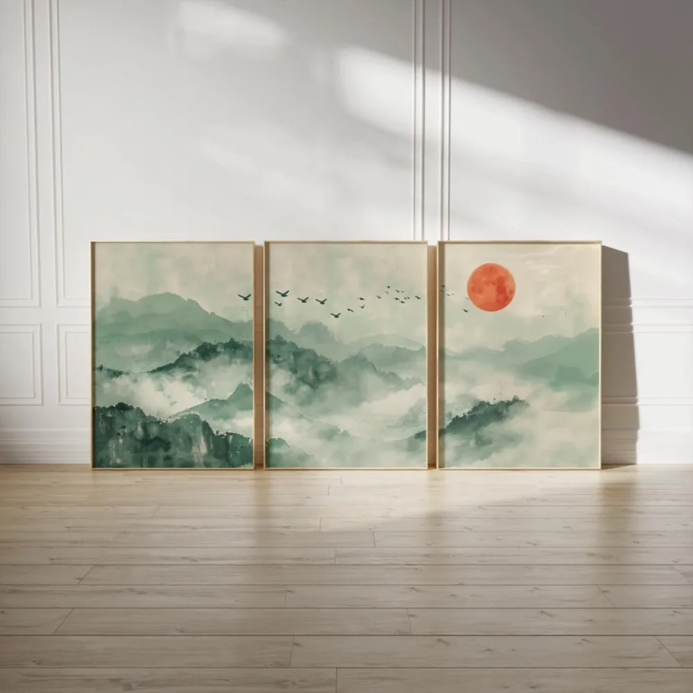 Pared verde salvia japonesa sin marco de 3 piezas, vista de montaña japonesa simple, arte imprimible, decoración de oficina Zen Full Moon, descarga instantánea