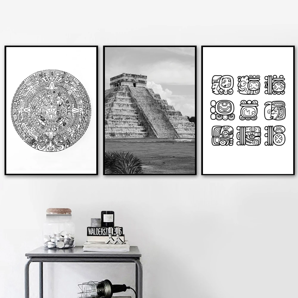 CHICHEN ITZA المكسيك طباعة أبيض وأسود التصوير المشارك تينوم يوكاتان المايا جدار الفن المكسيكي نمط قماش اللوحة ديكور