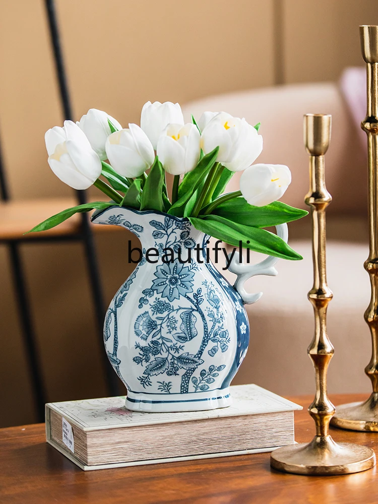 New Chinese retro ceramic vase living room entrance flower blue and white porcelain ornament desktop decorative porcelain