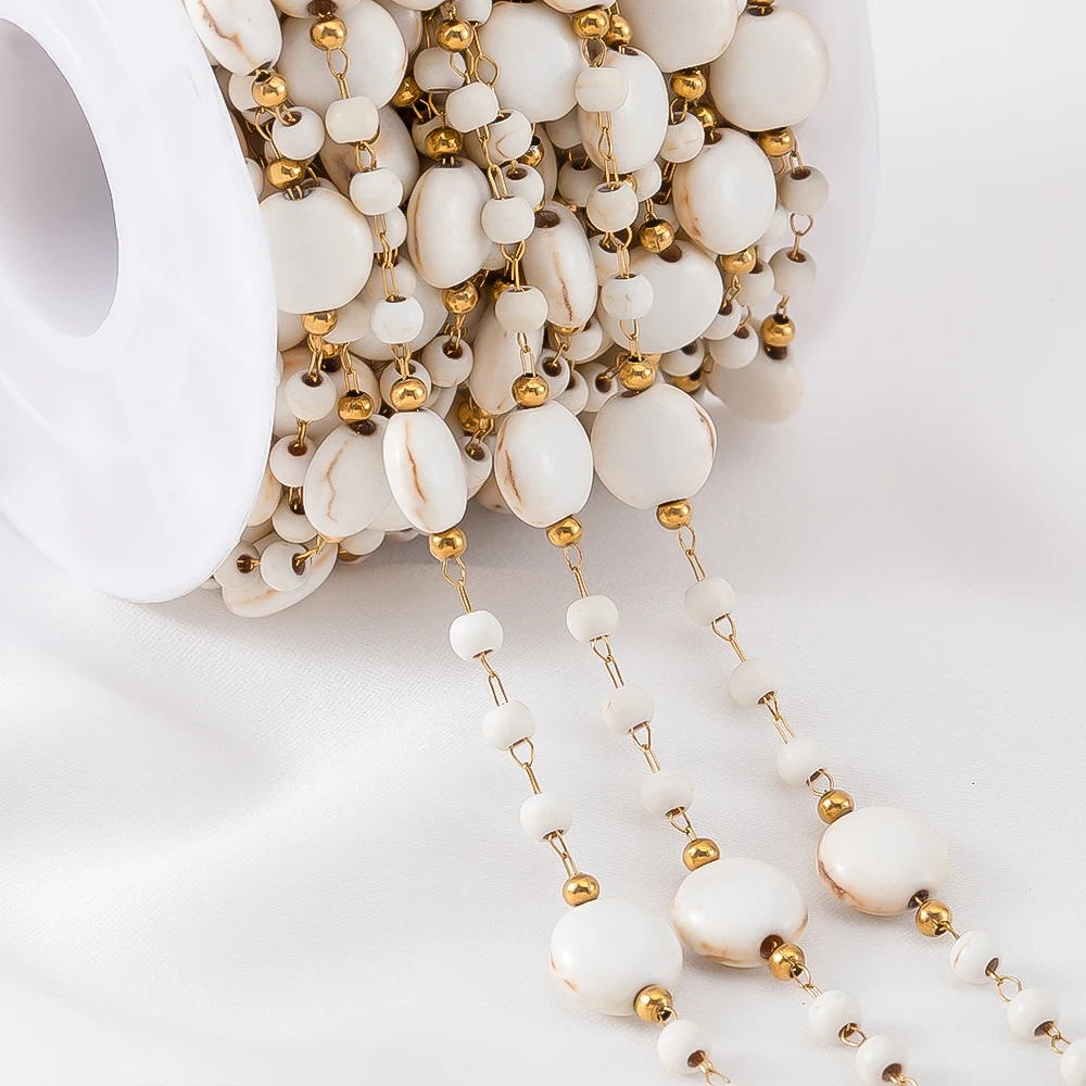 

0.5Meter 1M Boho Stainless Steels Beach White Flat Round Natural Stone Chain Bracelet Neckalce Supply Jewelry Making Accessories