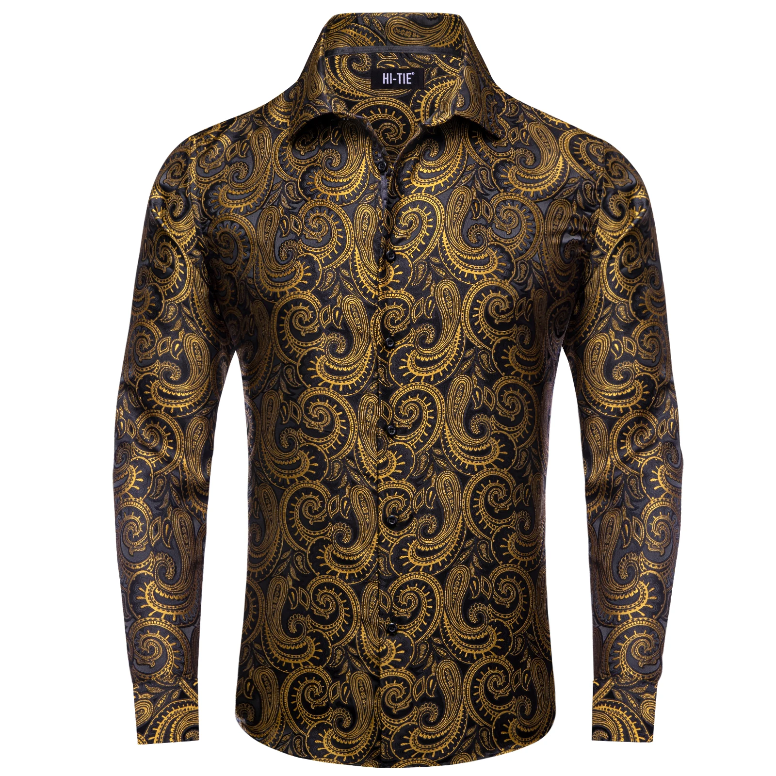 Hi-Tie Paisley Jacquard Golden Blue Mens Shirts Long Sleeve Dress Shirt Blouse for Male Wedding Gift Party High Quality