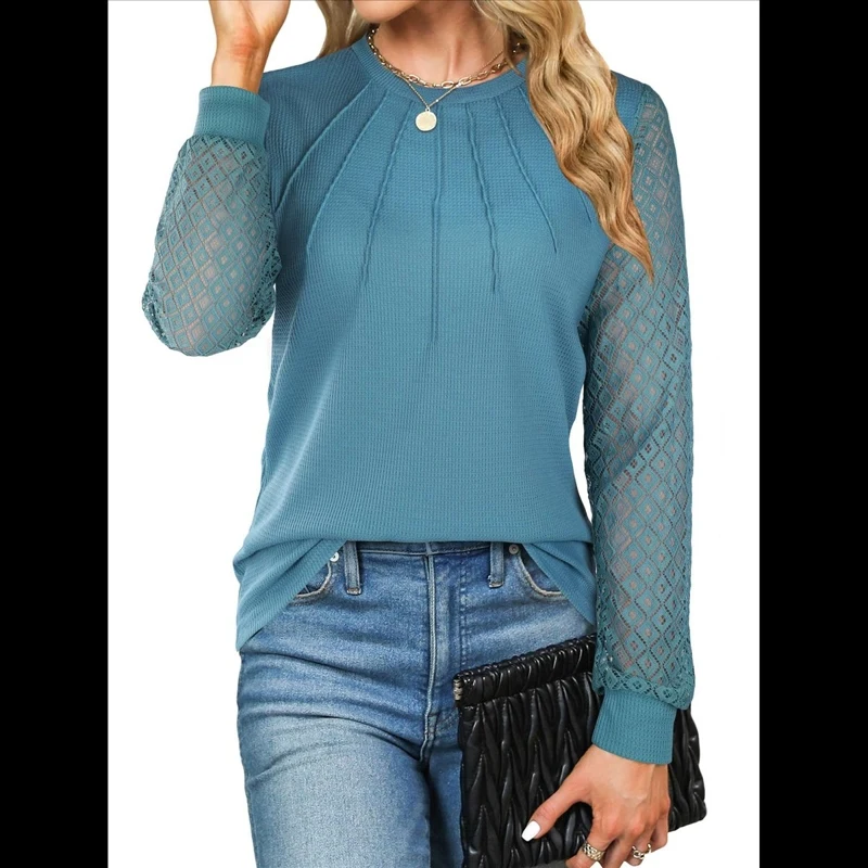 Women Top Waffle Knit Round Neck Long Sleeve Waffle Knit Fashionable High Quality New Arrival Trendy Comfortable Premium