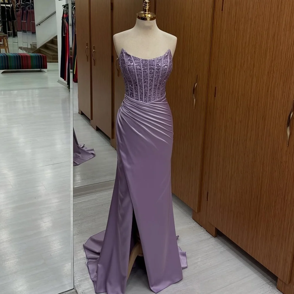 

Customized Modern Style Exquisite Charmeuse Rhinestone Beading Sequined Mermaid Strapless Long Dresses Bespoke Occasion Dresses