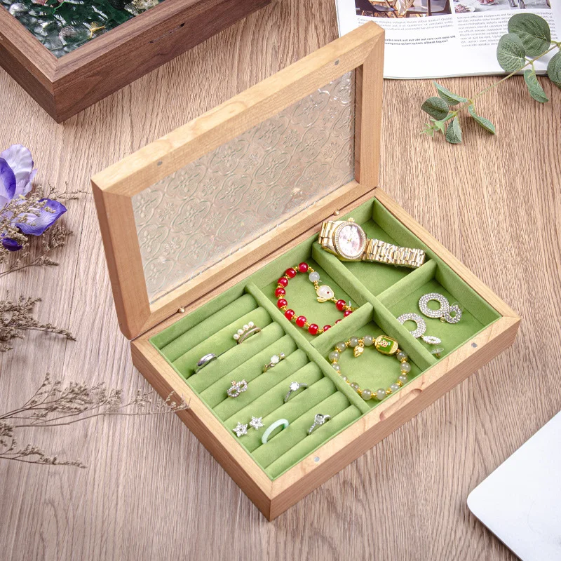 Walnut Wooden Jewelry Box Women Organizer Box with Glass Lid to Store Necklaces Watch Ring Earring Storage Case Birthday Gift