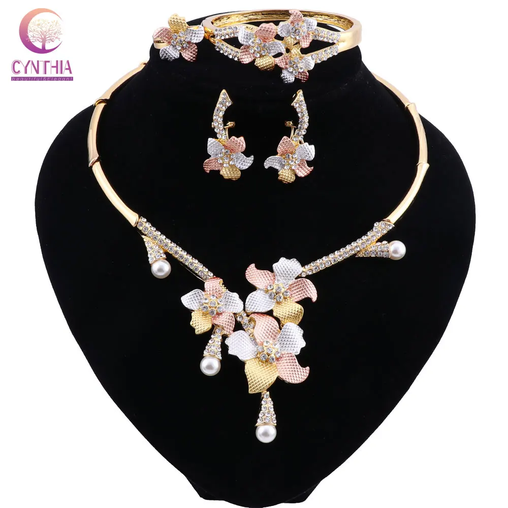 CYNTHIA High Quality Italian Women Fashion Bride Wedding Gold Color Jewelry Necklace Bracelet Ring Earrings Crystal Jewelry Sets