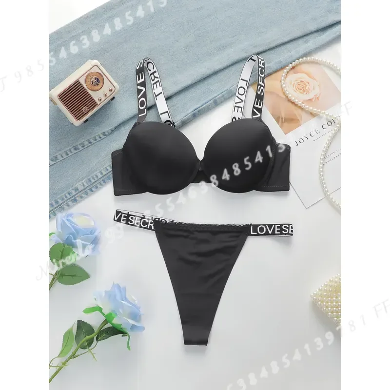Sexy Glossy Letter Print Push Up Bra and Panty Set Women Two Piece Lingerie Underwear Strap Style B2050