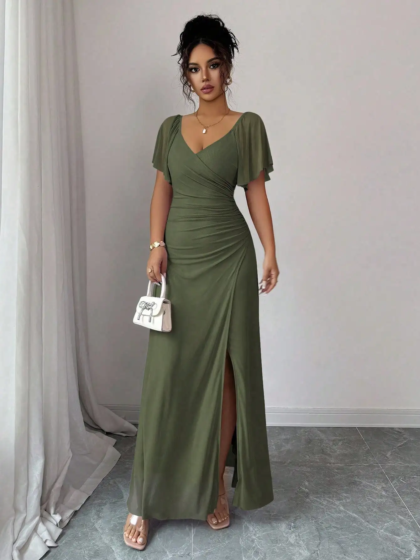 

Olive Green V-Neck Ruffle Sleeve Wrap Waist High Slit Maxi Dress For Women