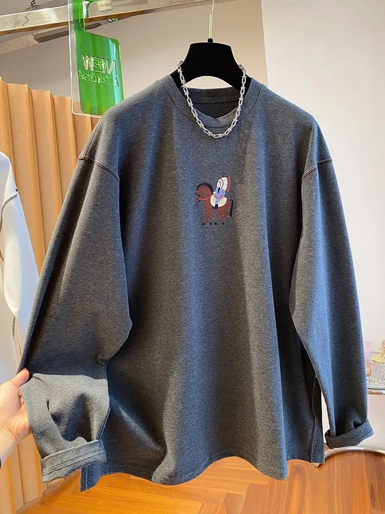 

Серая футболка в европейском и американском стиле, модный пуловер с длинными рукавами, женская свободная футболка средней длины