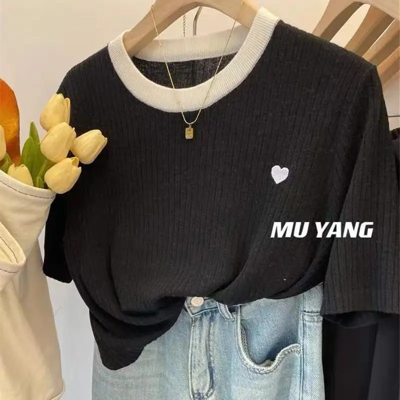 Summer Youth Women New Patchwork Colorful Loose Short Sleeved Casual Multiple Colour All-match Round Neck Printing Pullovers Top image 6