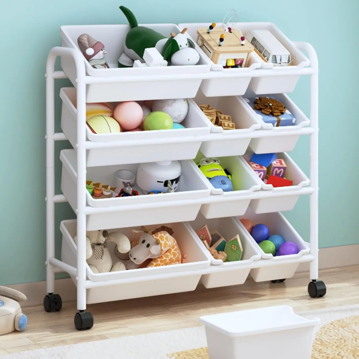 

Kids Toy Storage Organizer with 12 Plastic Bins, 4-Tier Metal Toy Storage Rack, Metal Toy Organizer with Storage Bins for Kids R