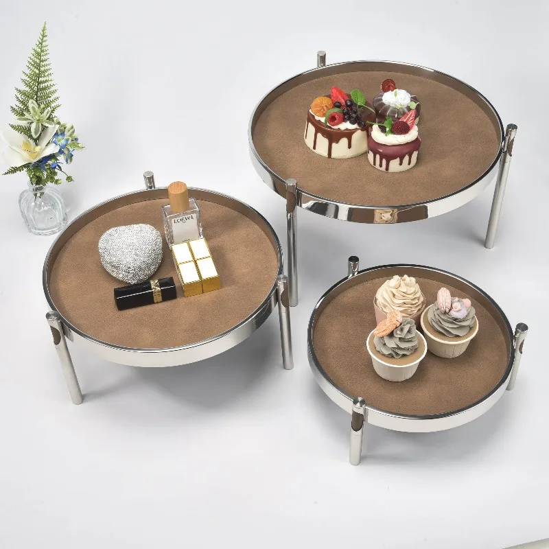 Stainless Steel Leather Tray Luxury Round Elevated Dessert Serving Plate Premium Jewelry Storage Holder Party Decor Accessory
