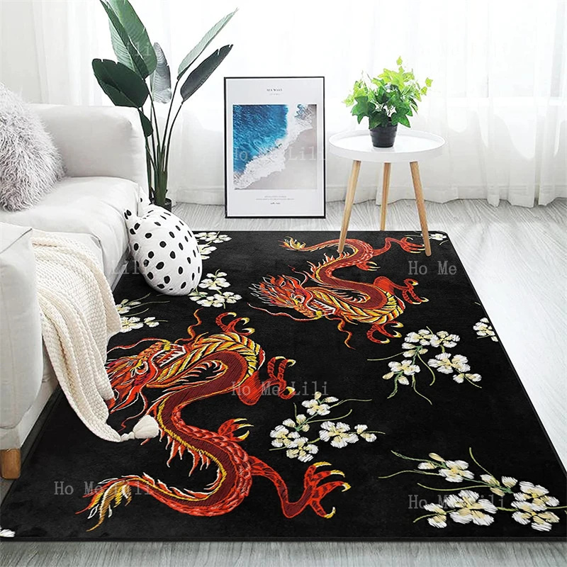 Chinese Japanese Double Red Dragon With Flower Black Background Flannel Floor Rugs For Living Room Bedroom