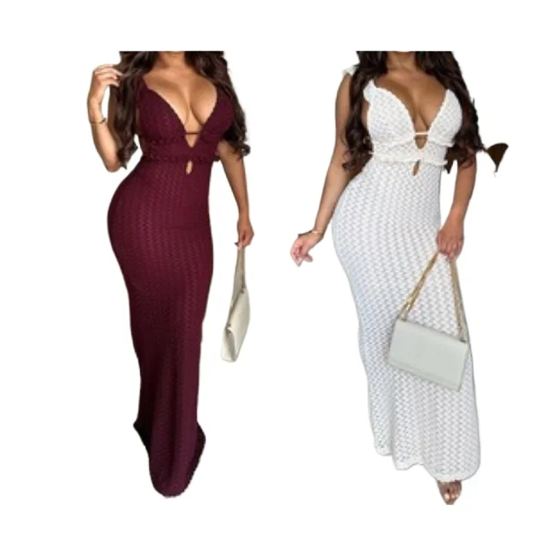 

Double Deck Dress Woman Hollow Ruffles Summer Backless Straps Solid Lace Tierred Chic Elegant Party Skinny Vestidos