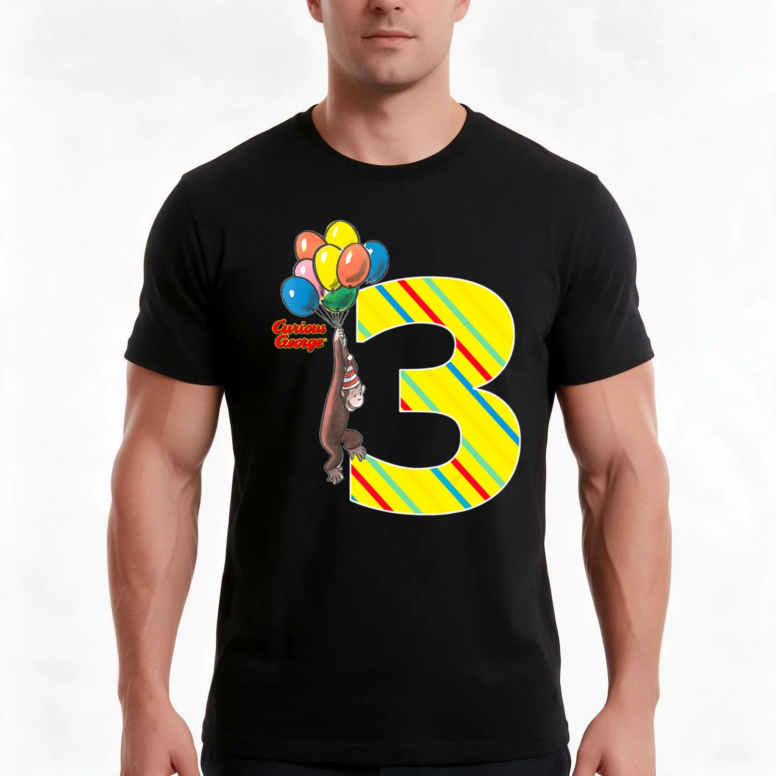 Curious George Vintage 3rd Birthday Balloons T-Shirt, Summer Casual Cotton Tee, Oversized Streetwear Tops, Vintage Graphic Print