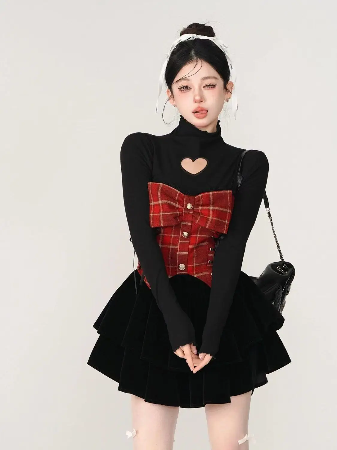 2024 Latest Fashion Slim Long Sleeve Solid Color Top＋Sweet Girls Bow Plaid Halter Pleated Skirt Party Club Dress 2 Pieces Sets