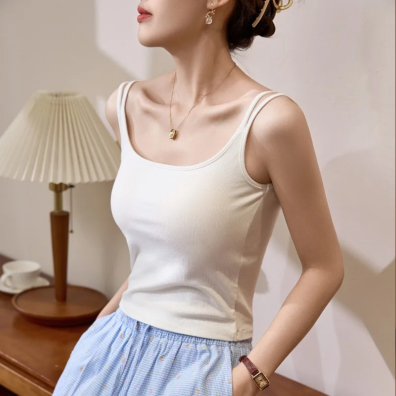 

One piece chest cushion camisole vest for women made of pure cotton with breast protection, U-neck inner layer