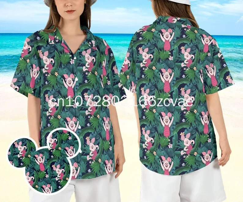 2024 New Disney Piglet Hawaiian Shirt Disney Men's and Women's Button Short sleeved Shirt Casual Beach Shirt