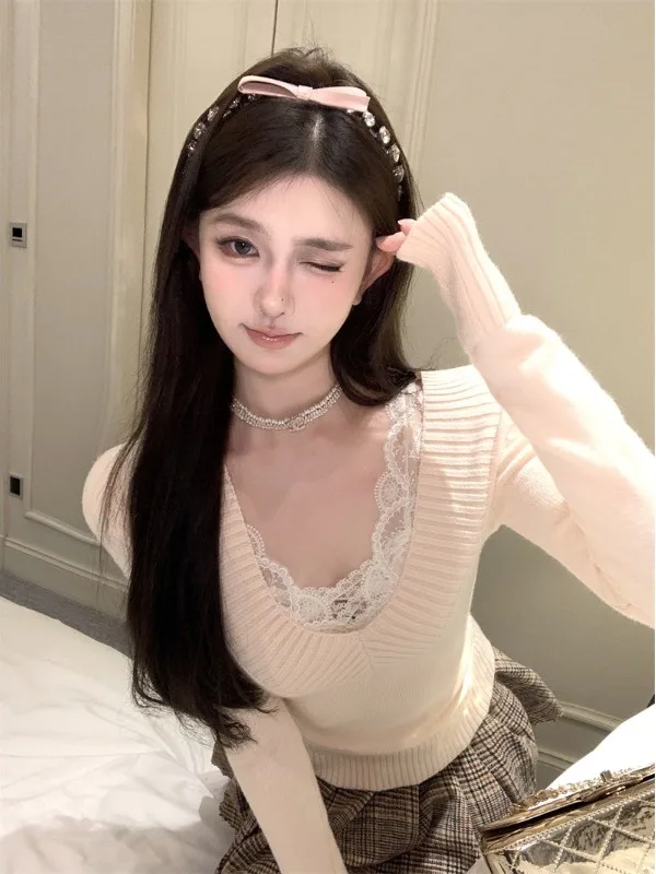 

Cherries Color Knitted Slim Fit Base Layer Faionable Korean Sle Lazy High ade Sweater Girls Long Sve V-Ne Thermal Top