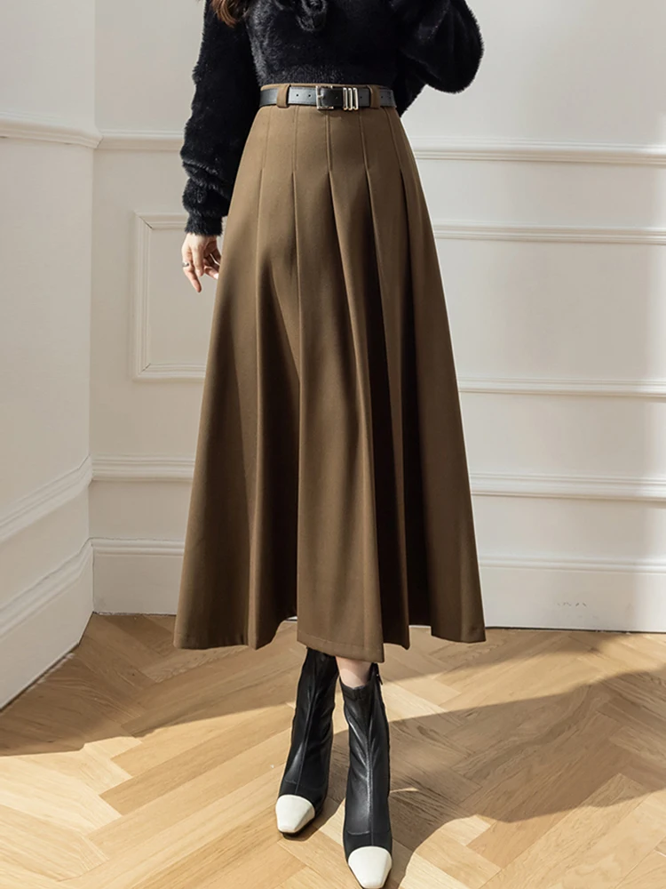 

Winter Woolen Long Pleated Skirt Fashion Korean High Waist A-line Office Maxi Skirts Female Belt Brown Black Grey Falda Plisada