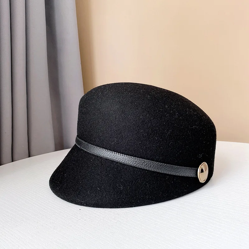 Japanese Fashion New PU Belt Decorative Wool Equestrian Hats For Women Autumn Winter Ladies Vintage Fedora Cap Fitted Hat Visor