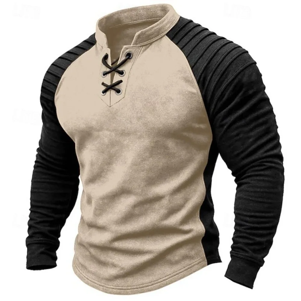 Spring Autumn Raglan Sleeves Men's Long Sleeve V-neck Clothing Patchwork Color T-shirt Casual Men Suede T-shirt For Male Tops
