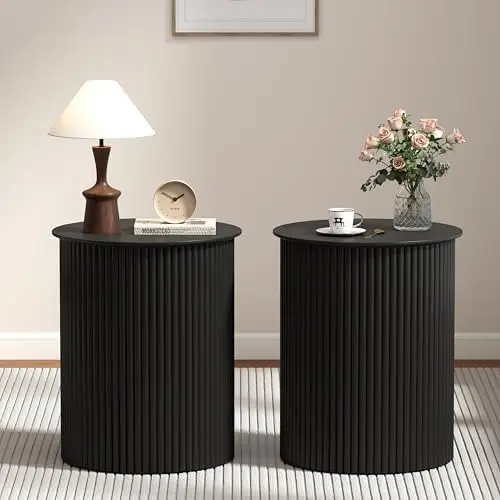 Small Round Side Table Fluted Night Stand Set of 2, 17.7